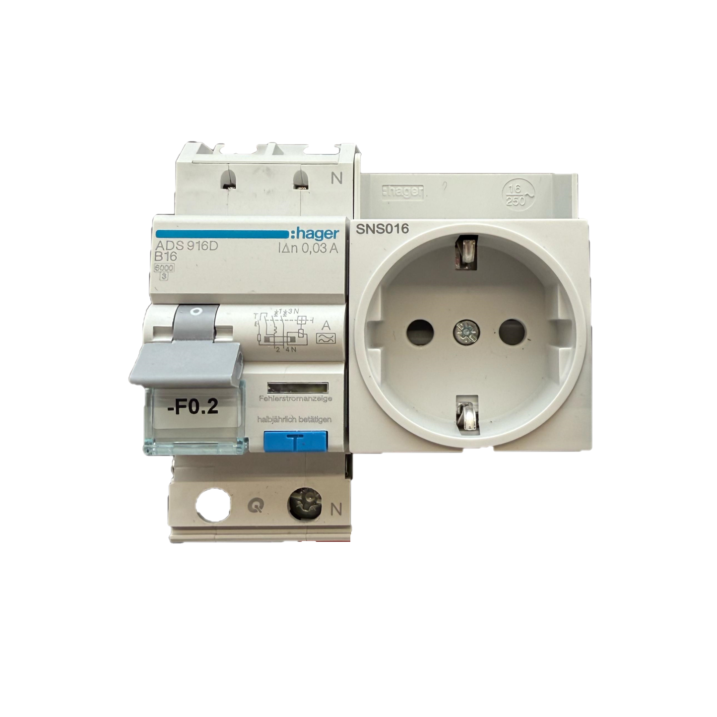 Hager FI LS ADS916 16A + 1x SNS016 Steckdose verdrahtet R
