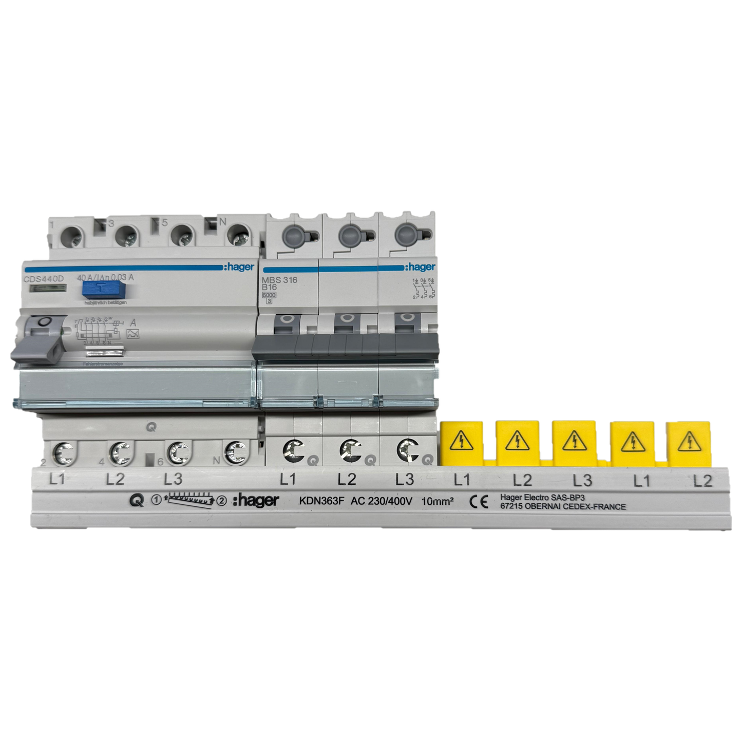 Hager RCD CDS440 40A + 1x MBS316 B16A 1pol. mit Sammelschiene für Wallbox / Wärmepumpe verdrahtet