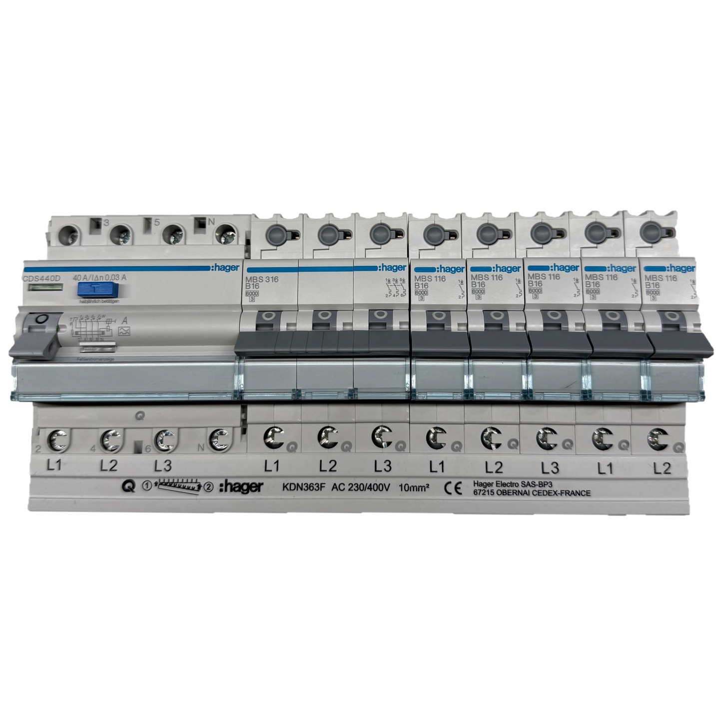Hager RCD CDS463 63A + 1x MBS316 B16A 1pol. + 5x MBS116 B16A 1pol. mit Sammelschiene verdrahtet